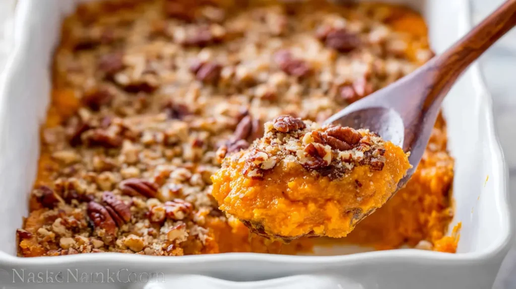 Golden sweet potato casserole in a baking dish, ready to serve.