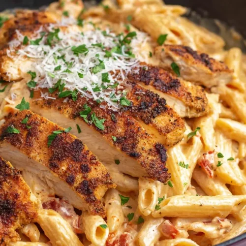 A serving of rich creamy cajun chicken pasta, topped with fresh parsley.