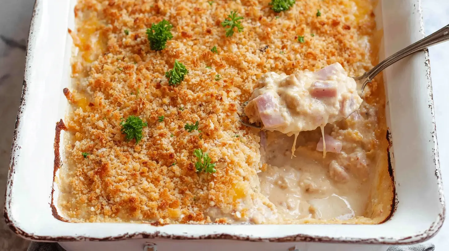 Creamy chicken cordon bleu casserole in a baking dish, ready to serve