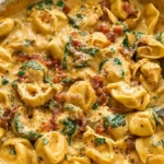 Close-up of marry me tortellini in a rich cream sauce, garnished with herbs