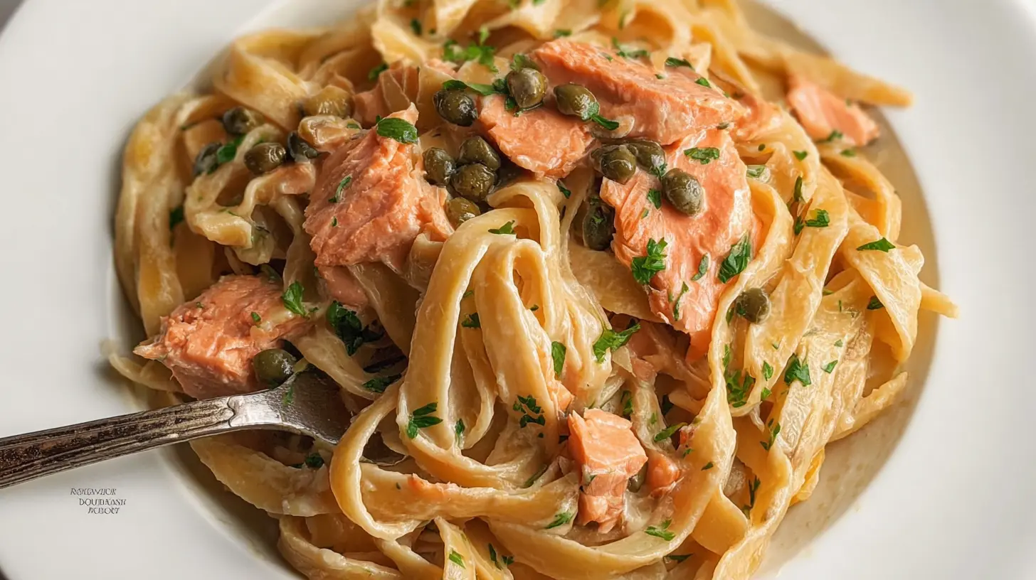 Creamy salmon pasta garnished with fresh herbs