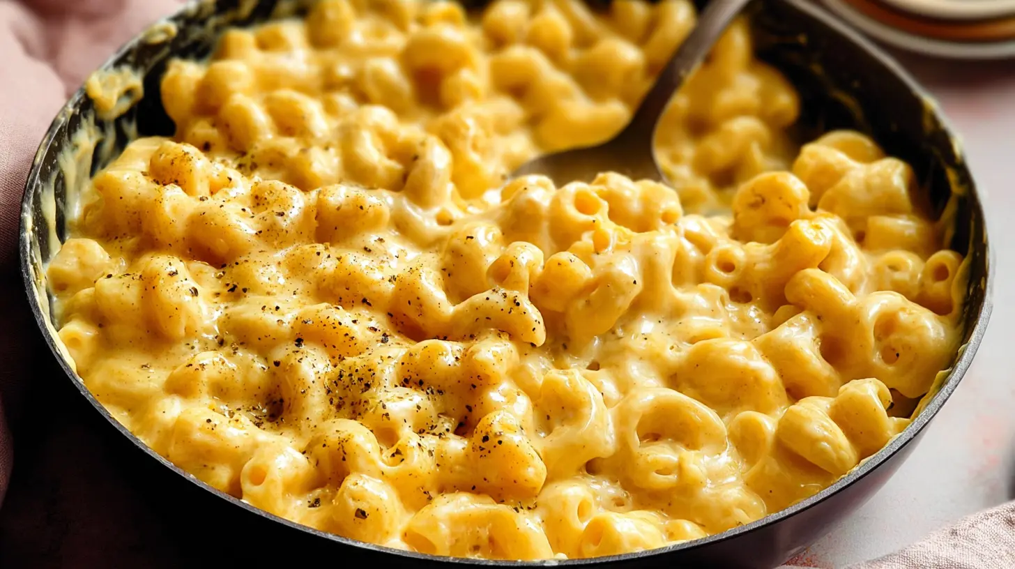 Golden stovetop macaroni and cheese being stirred in a pot