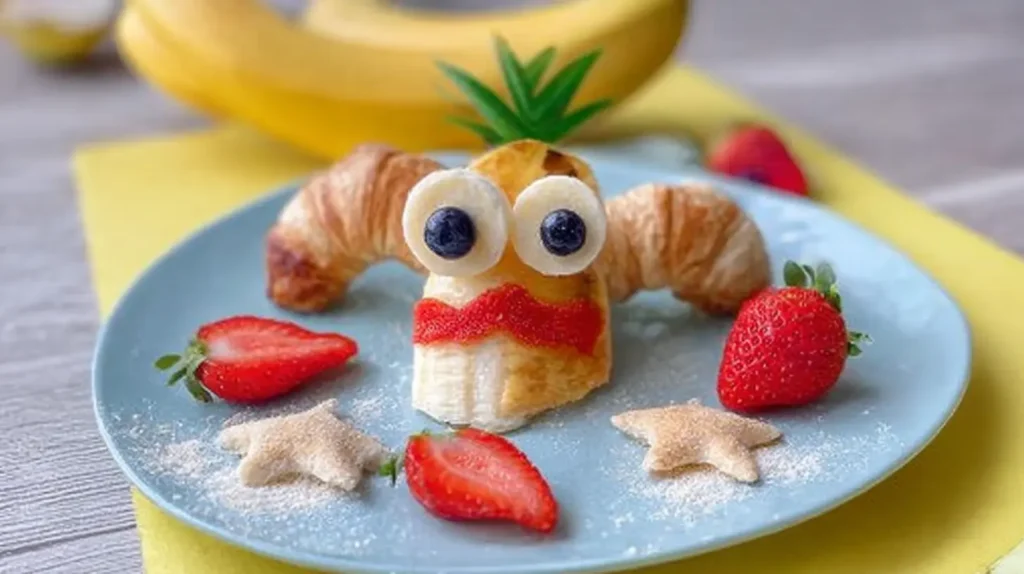 Various creative snacks for kids, including fruit and vegetable arrangements