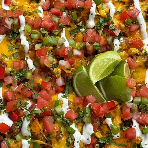 An overhead shot of crispy tater tot nachos piled high with cheese and toppings