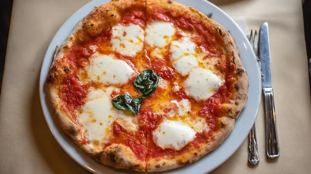 A vibrant Italian pizza with bubbling cheese and fresh basil leaves.