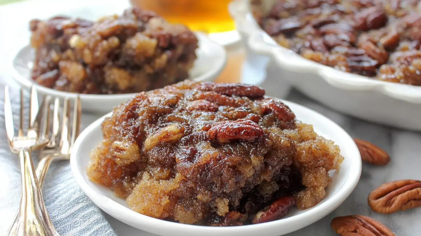Delicious pecan dump cake with golden crust and nutty topping