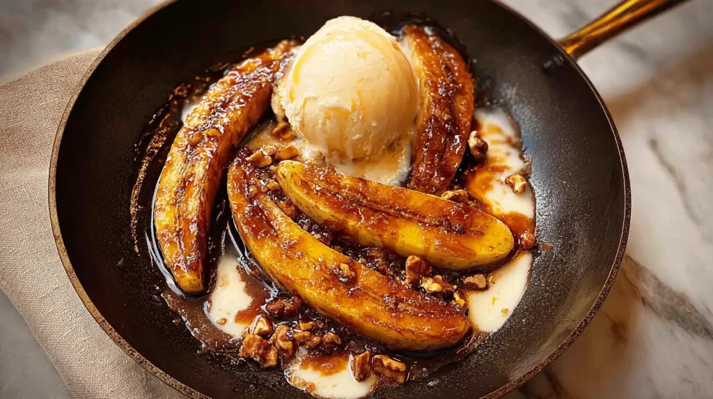 Warm flambe banana foster recipe served with a scoop of vanilla ice cream.