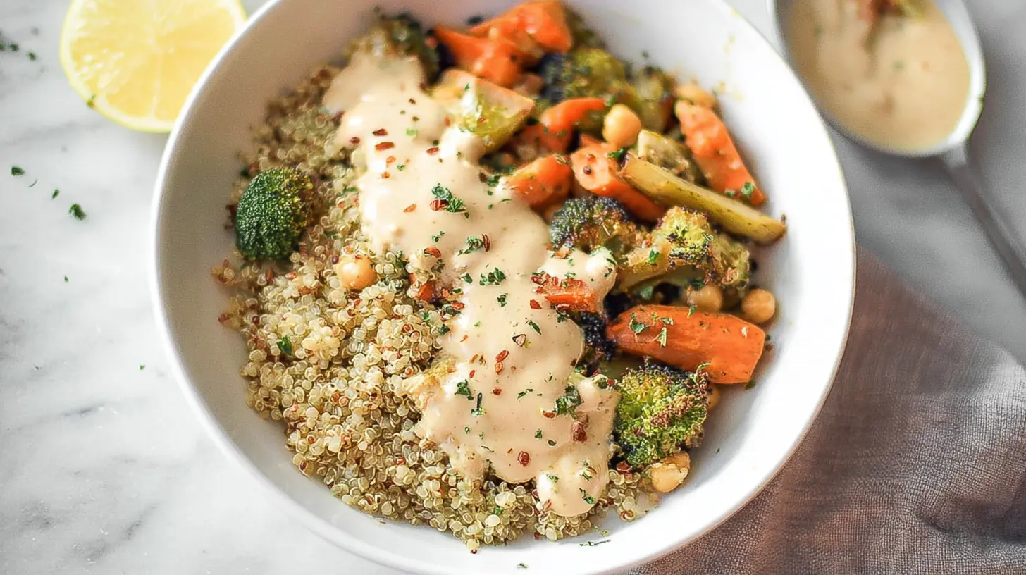 A close-up of a plated vegan and gluten-free dinner, showcasing vibrant vegetables and plant-based protein.