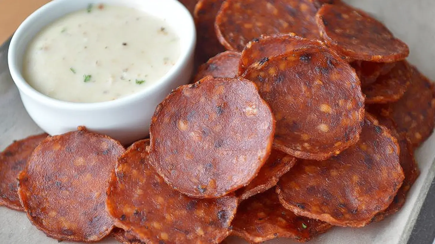 A plate of golden brown keto pepperoni chips, ready to eat