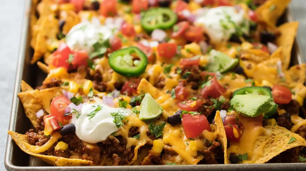 Golden brown tortilla chips with melted cheese baked as nachos in the oven.