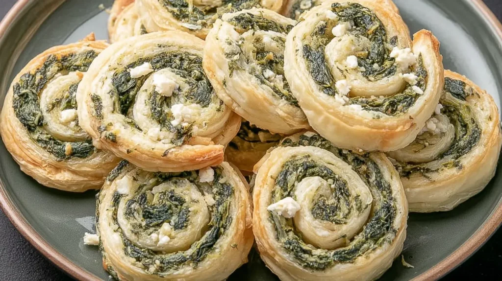 Several homemade spinach pinwheels arranged neatly on a serving platter.