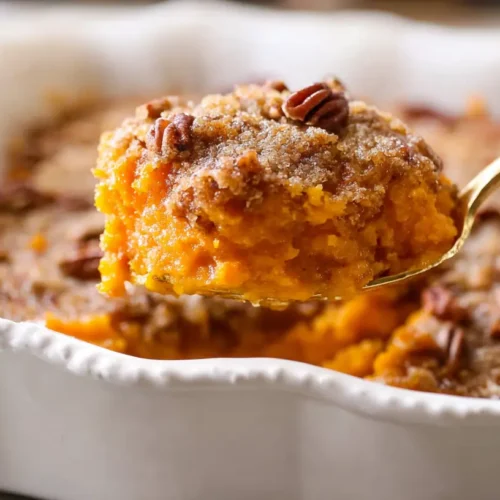 A delicious easy sweet potato casserole ready to serve