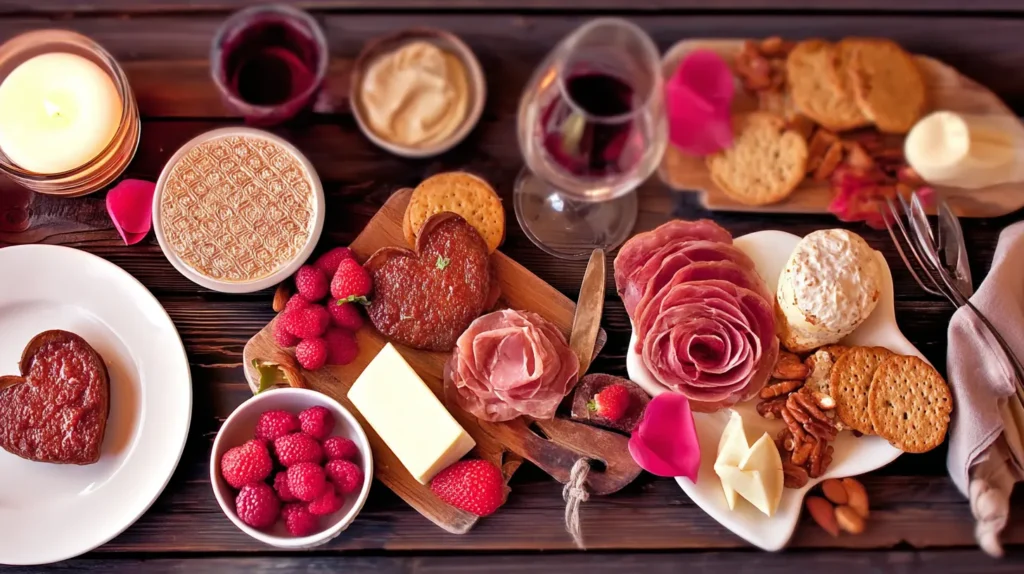 Various delightful valentines meal ideas displayed on a beautifully decorated dinner table.