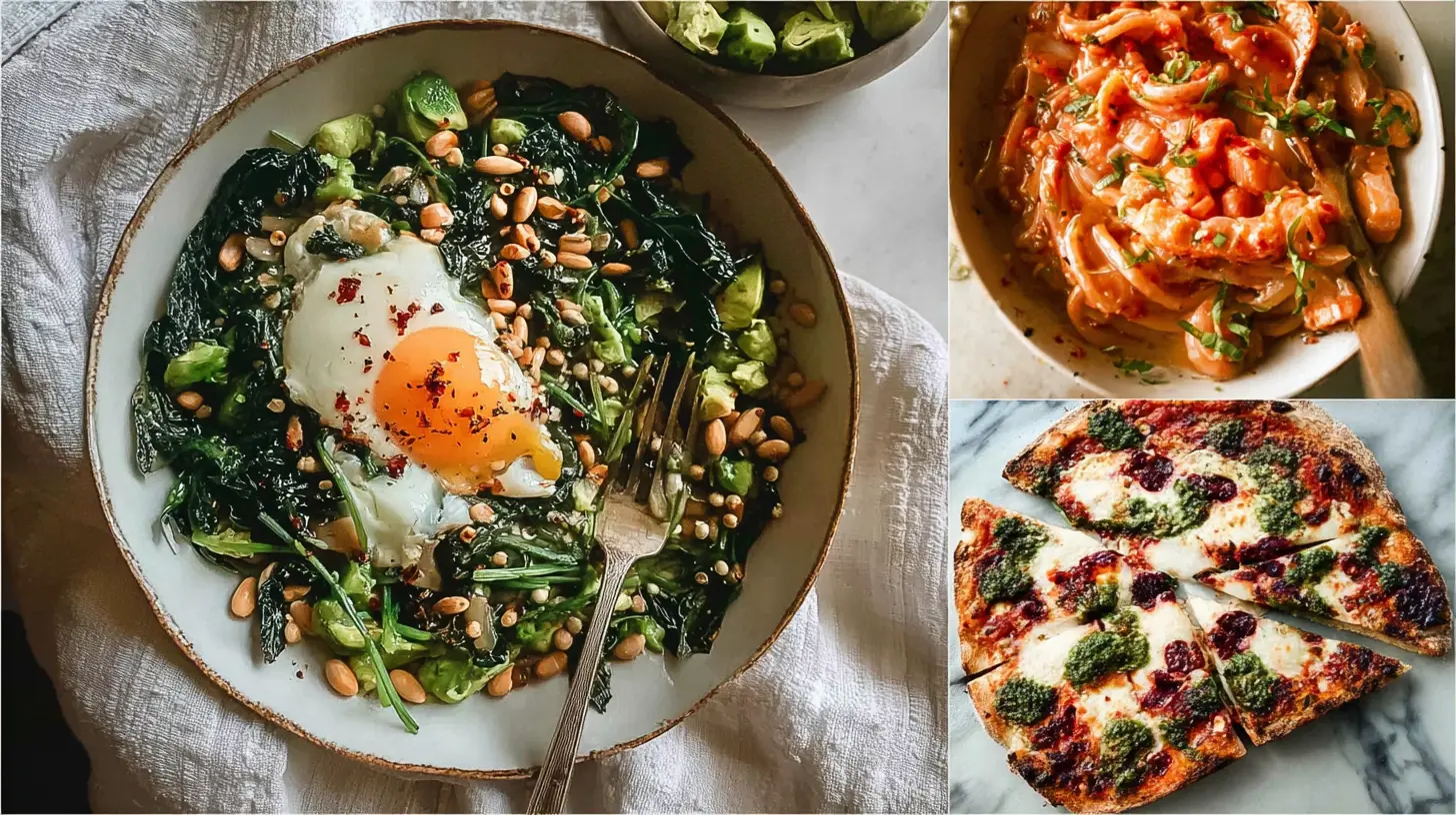 A collection of ingredients and recipes for fast 30 minute meals presented on a wooden table