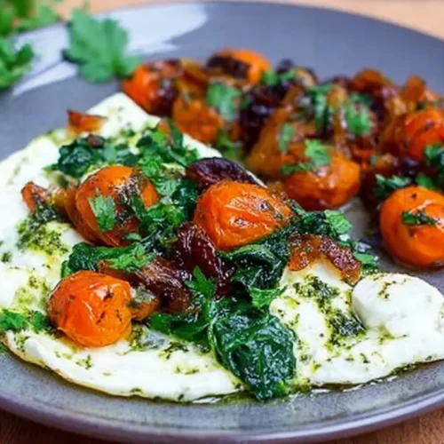 A delicious dish of feta eggs served with vibrant tomatoes and fresh spinach.