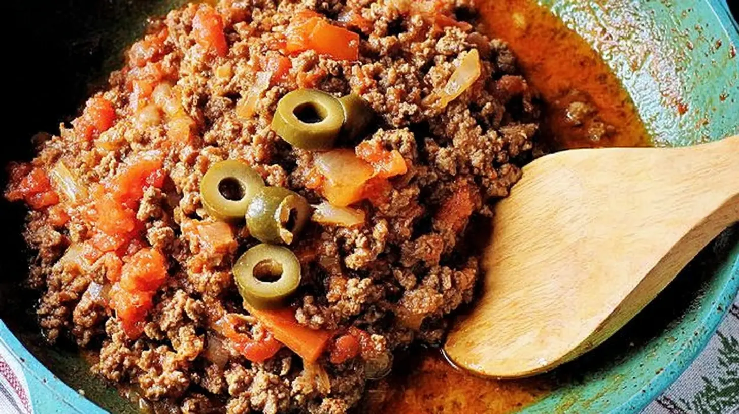 Delicious cuban beef casserole with colorful spices and wholesome ingredients.