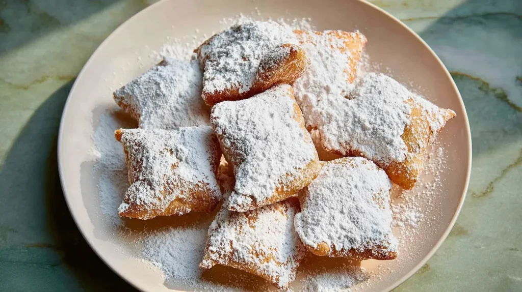 Several fluffy beignets piled high, covered in a generous layer of white powdered sugar.