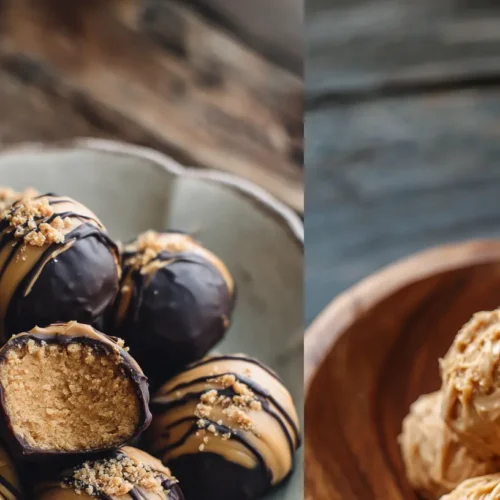 A close-up of three fluffy Japanese soufflé pancakes stacked on a plate with berries and powdered sugar.