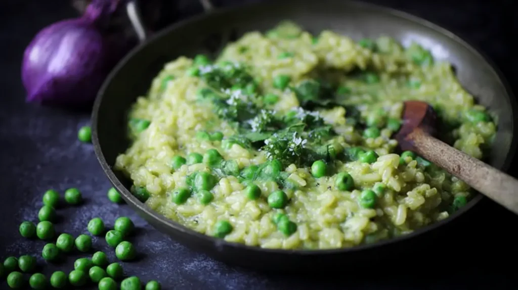 Creamy risotto infused with fresh spring peas, ready to serve.