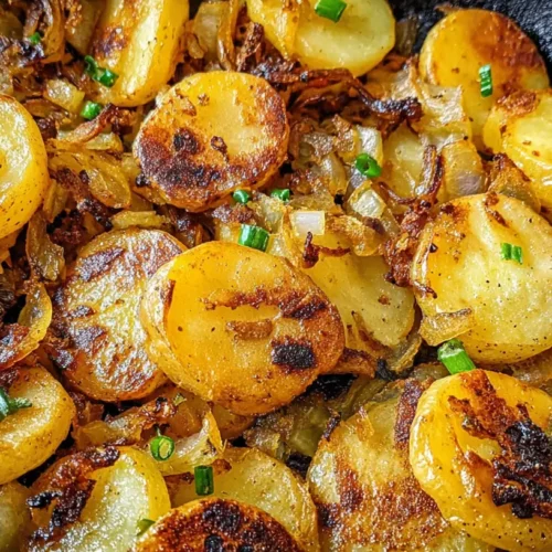 A close-up of crispy fried potatoes and onions in a pan