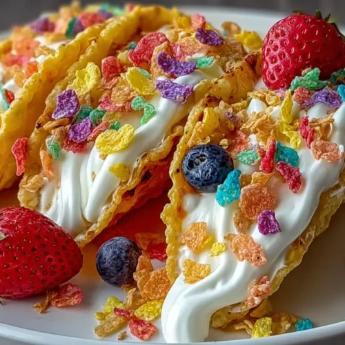 Delicious fruity pebbles cheesecake tacos arranged on a colorful platter
