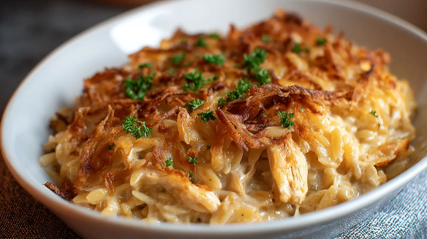 Close-up of a golden-brown French onion chicken orzo casserole with melted cheese.