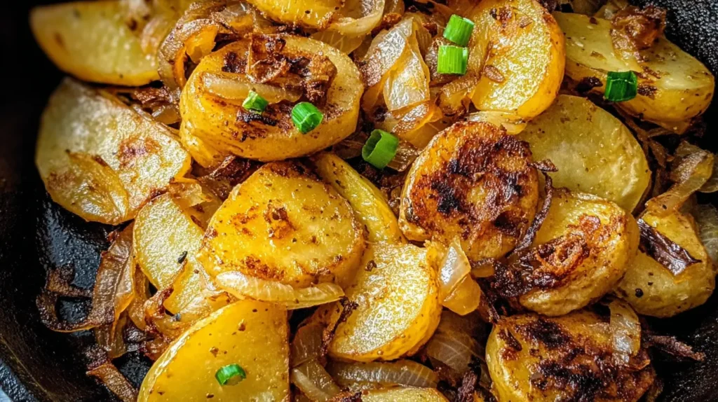 Deliciously browned fried potatoes with caramelized onions on a plate.