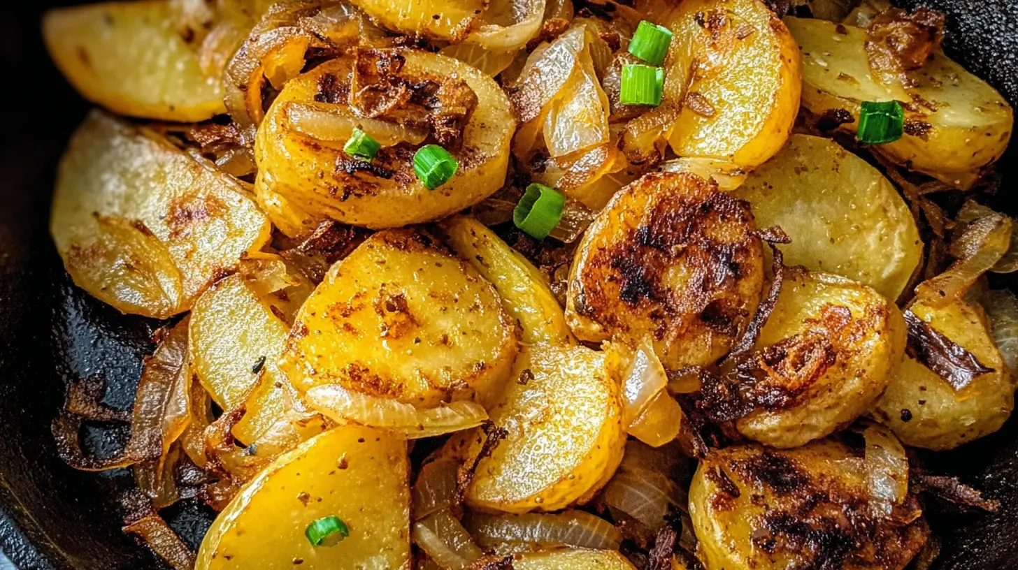 Deliciously browned fried potatoes with caramelized onions on a plate.