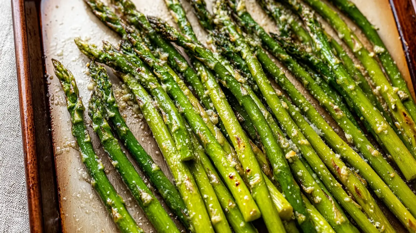 Delicious green asparagus stalks tossed in rich garlic butter