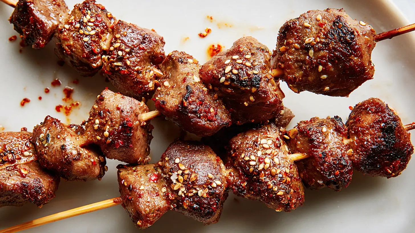 Delicious skewers featuring grilled chicken hearts seasoned with spicy cumin