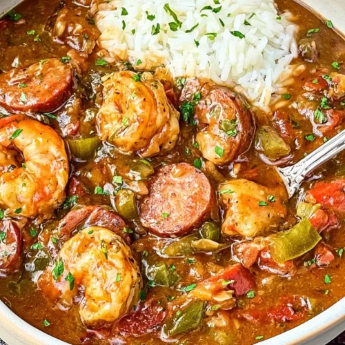 A hot, steaming bowl of gumbo recipe filled with shrimp, sausage, and okra