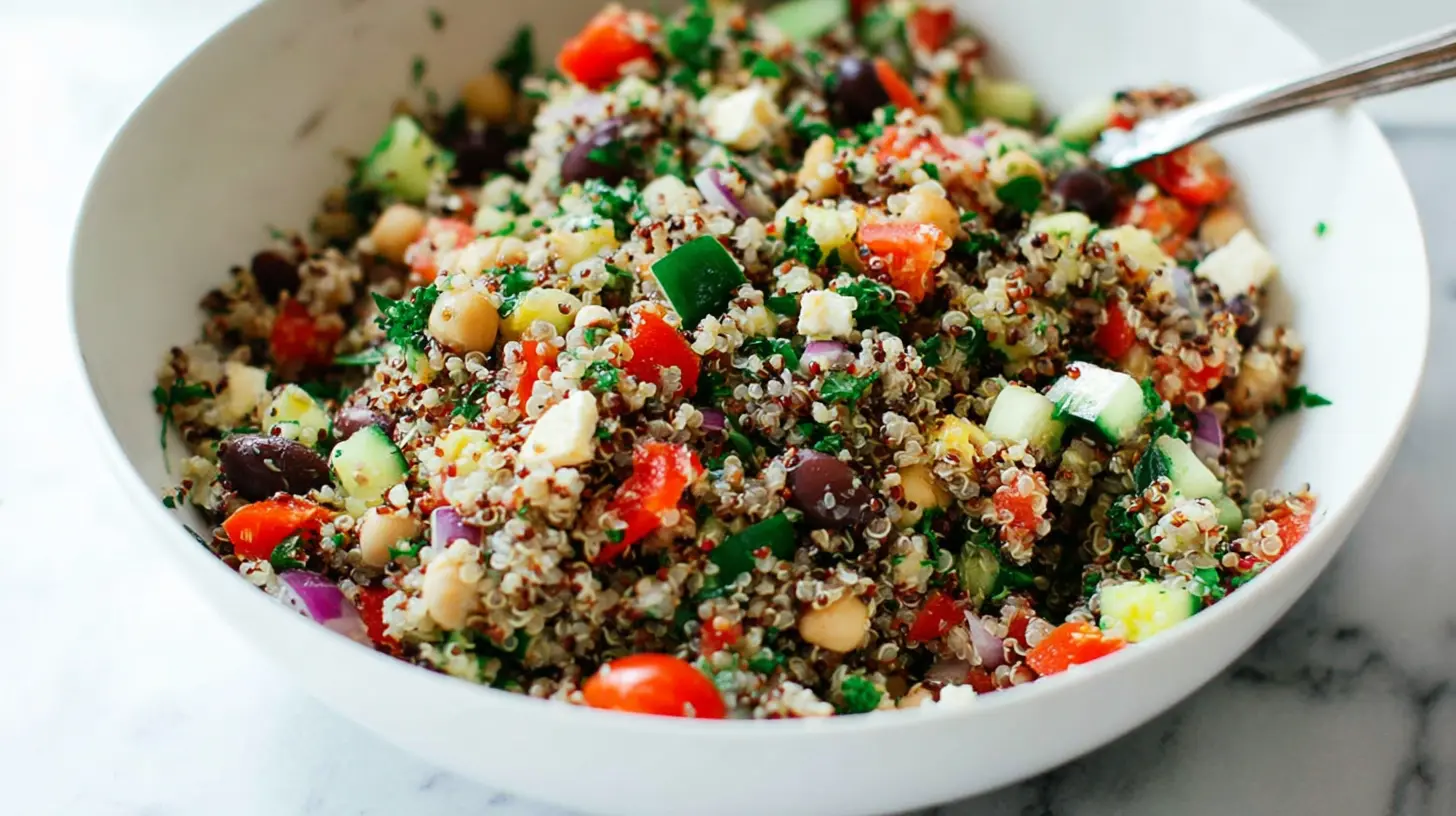 Healthy quinoa salad in a bowl with mixed greens