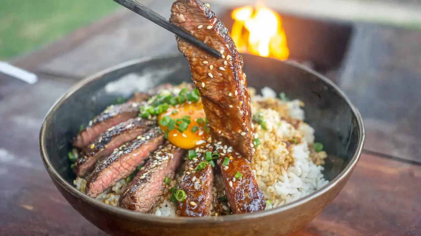 Close-up of a healthy grilled steak bowl featuring tender steak and colorful veggies.