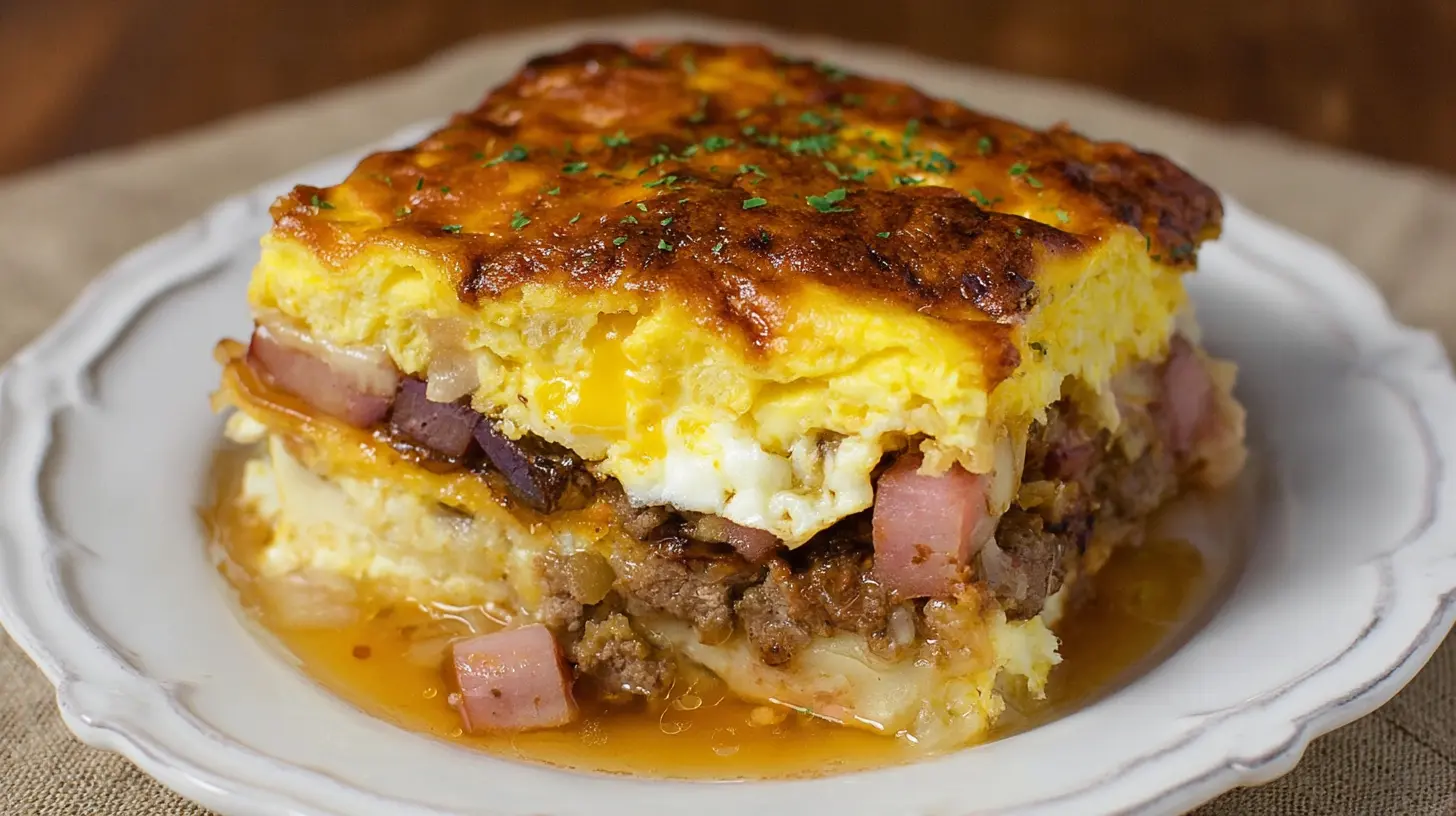 Hearty hot breakfast lasagna served in a casserole dish, ready to eat.