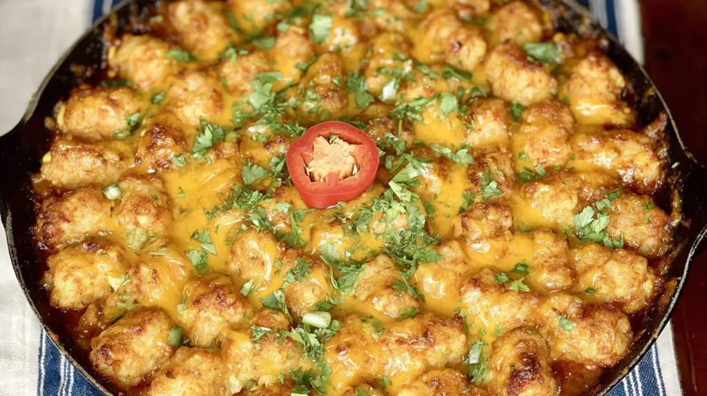 Close-up of a chili cheese tater tot casserole, showing melted cheese and crispy tots.