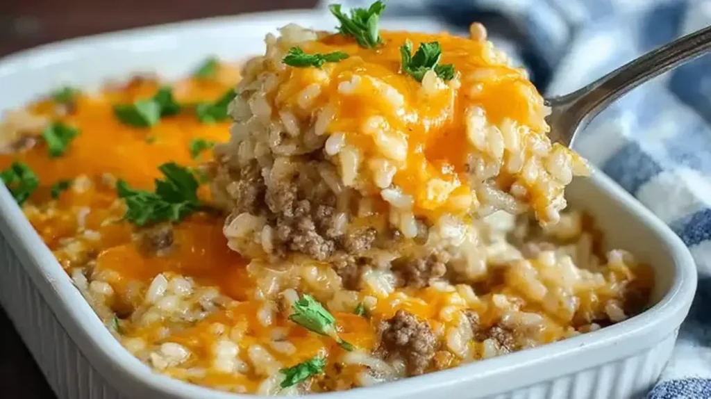 Golden-brown cheesy hamburger rice casserole in a rectangular baking dish.