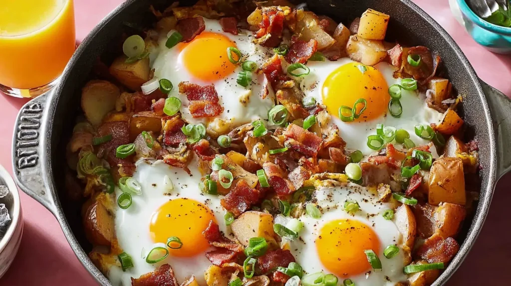 A savory breakfast skillet sizzling hot with fresh ingredients