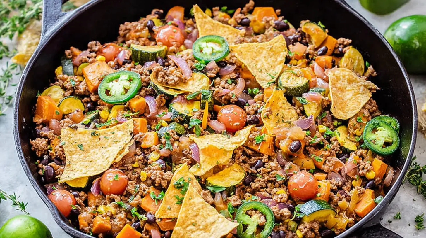 Delicious ground beef mixed with colorful vegetables in a cast iron skillet.