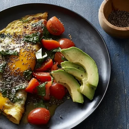 A colorful high protein breakfast bowl with eggs, avocado, and spinach.