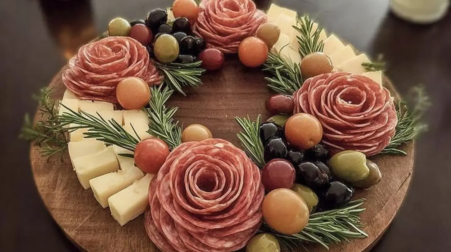 An artfully arranged charcuterie board featuring various Christmas party food items