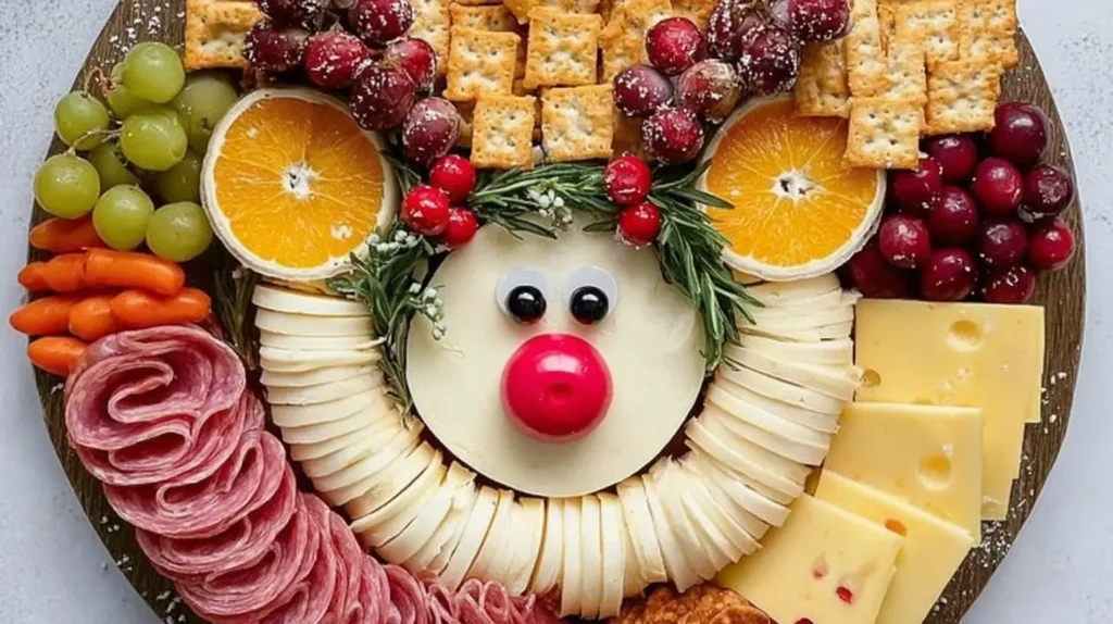 Festive reindeer-themed charcuterie board with various snacks