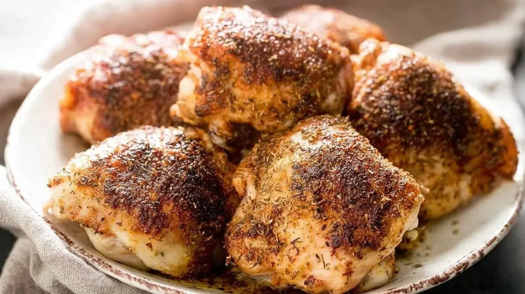Golden brown baked chicken thighs, fresh from the oven.