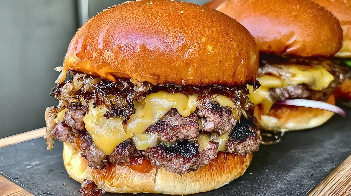 Close-up of a juicy smash burger on a brioche bun with fresh toppings