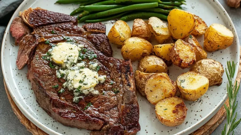 Close-up of a pan seared steak with melted garlic butter drizzled over it.