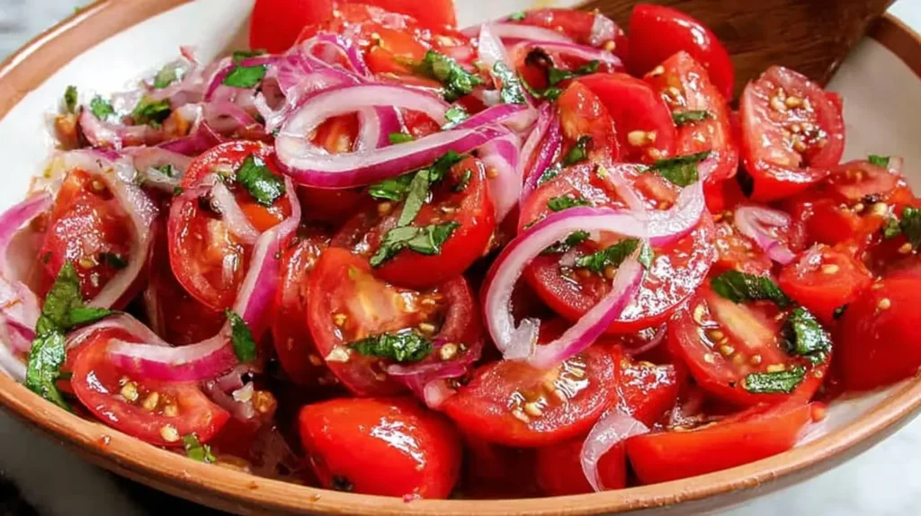 Close-up of a refreshing Lebanese tomato salad, perfect for summer.