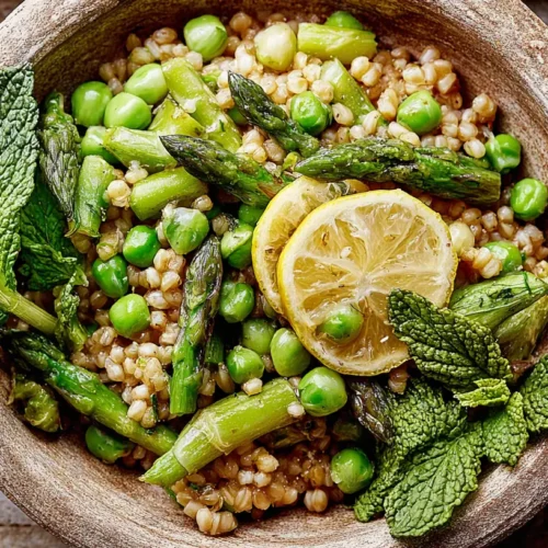 A colorful array of lemony spring vegetables, including asparagus and peas