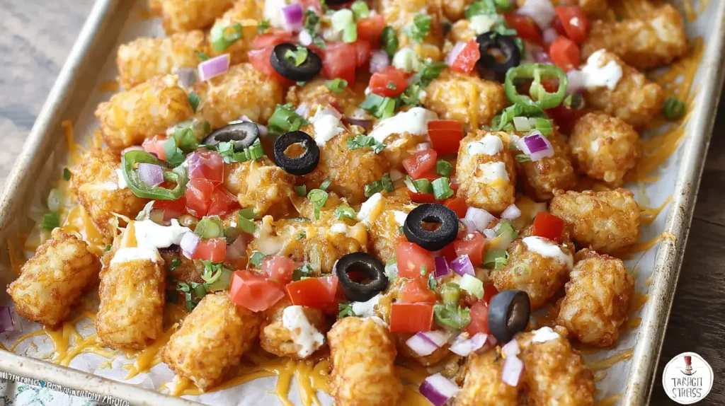 Golden brown tater tot nachos smothered in cheese and fresh pico de gallo.