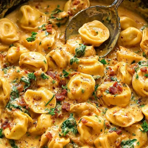 A serving of marry me tortellini with sun-dried tomatoes and spinach