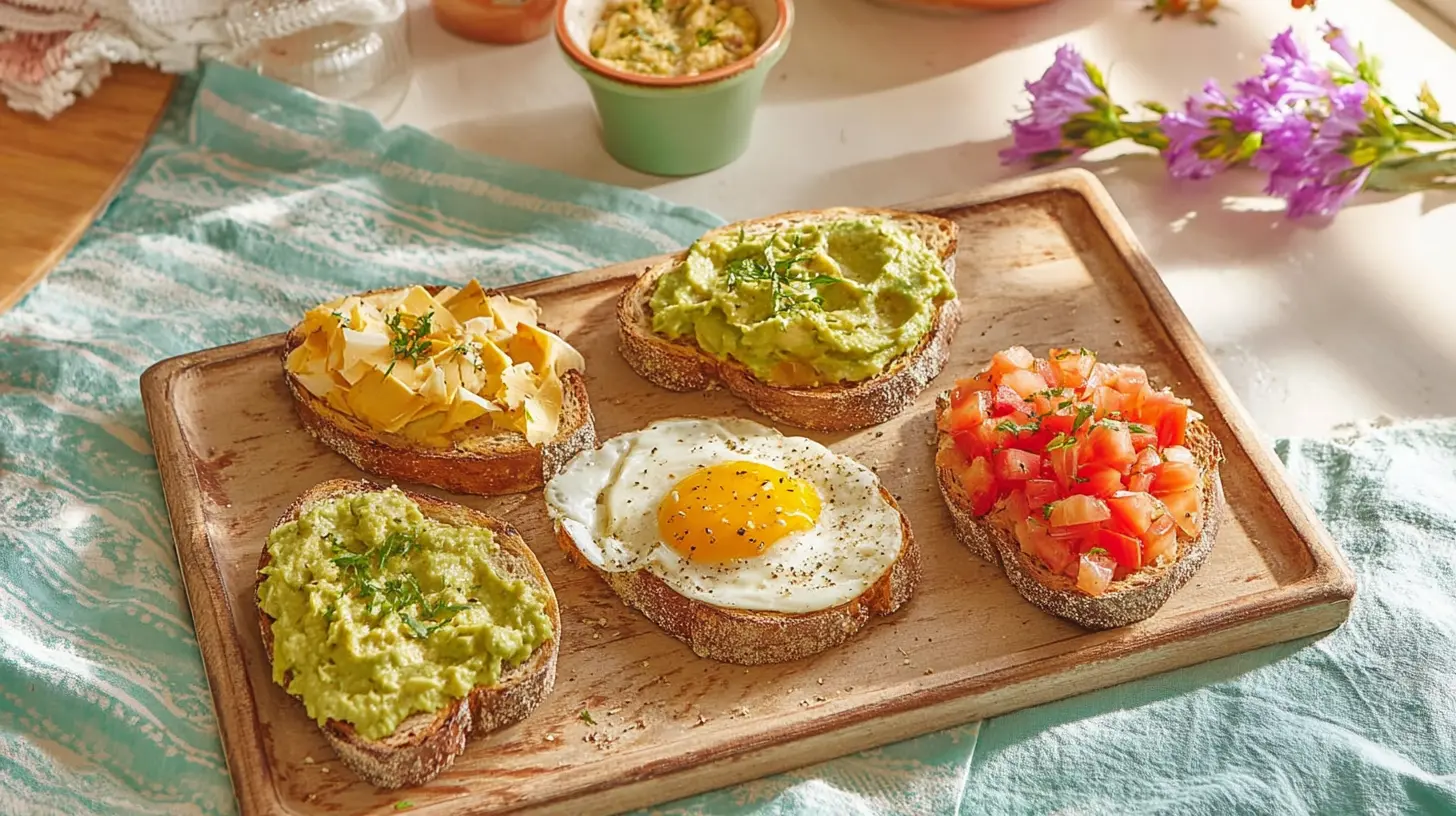 Overhead view of a colorful healthy breakfast meal.