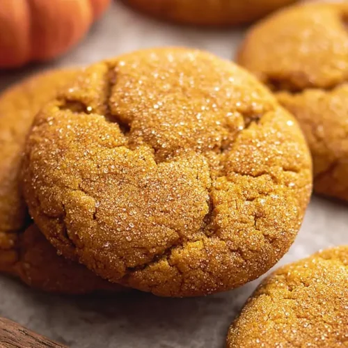 A plate of freshly baked pumpkin cookies on a wooden table.